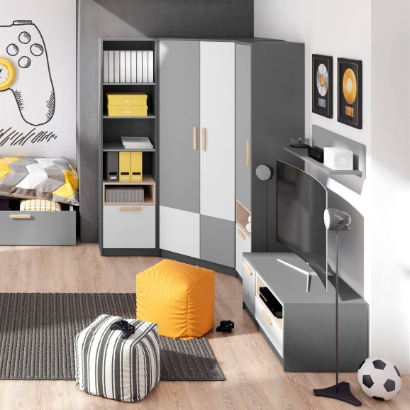 Armoire d'angle grise pour adolescent Pok dans une chambre ado