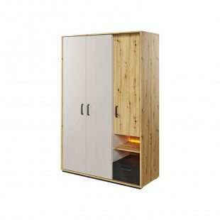 Qubic - Armoire trois portes blanc et bois avec éclairage LED