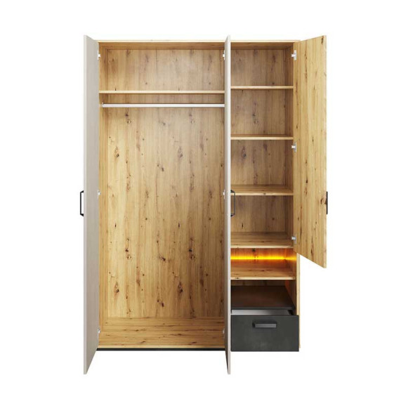 Armoire trois portes blanc et bois avec LED - Qubic