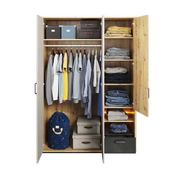 Armoire trois portes blanc et bois avec LED - Qubic