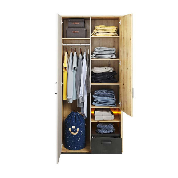 Armoire Qubic 2 portes blanc et bois avec LED élégantes