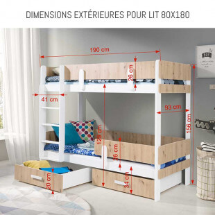 Dimensions extérieures lit superposé Ettore 80x180