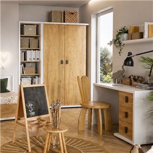 MASSI - Armoire 2 portes blanc et chêne hickory pour chambre enfant