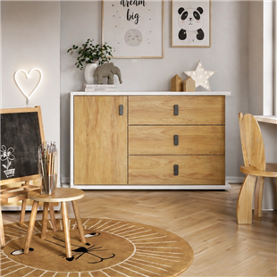 MASSI - Grande commode 3 tiroirs et 1 porte largeur 135 cm blanc et chêne hickory