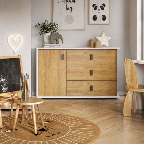Chambre complète de la collection MASSI avec lit, commode, table de chevet, armoire et bureau.