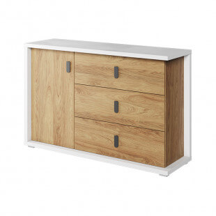 MASSI - Grande commode 3 tiroirs et 1 porte largeur 135 cm blanc et chêne hickory