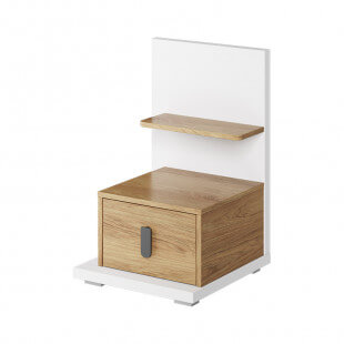 MASSI - Table de chevet avec tiroir et étagère couleur blanc et chêne hickory