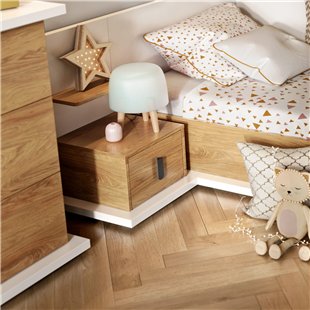 MASSI - Table de chevet avec tiroir et étagère couleur blanc et chêne hickory