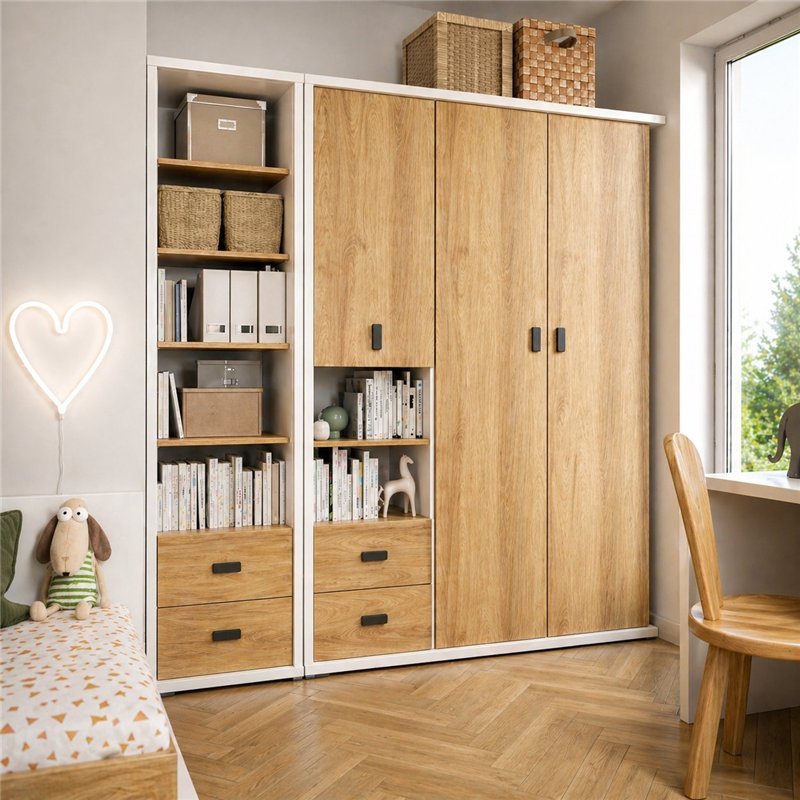 Chambre complète de la collection MASSI avec lit, table de chevet, armoire, bibliothèque et bureau.