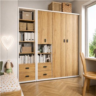 MASSI - Bibliothèque hauteur 200 cm blanc et chêne hickory pour chambre enfant
