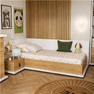 MASSI - Lit 90 cm x200 cm avec coffre de rangement et matelas blanc et chêne hickory