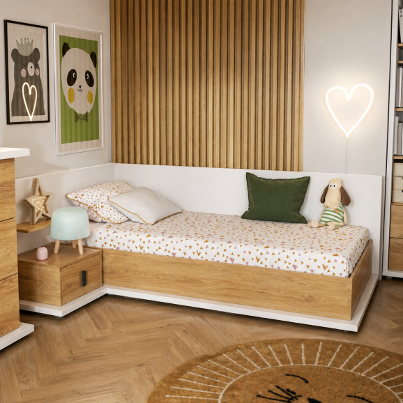 Lit MASSI pour enfant 90x200, blanc et chêne avec coffre de rangement