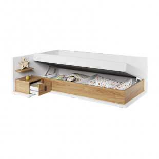 MASSI - Lit 90 cm x200 cm avec coffre de rangement et matelas blanc et chêne hickory