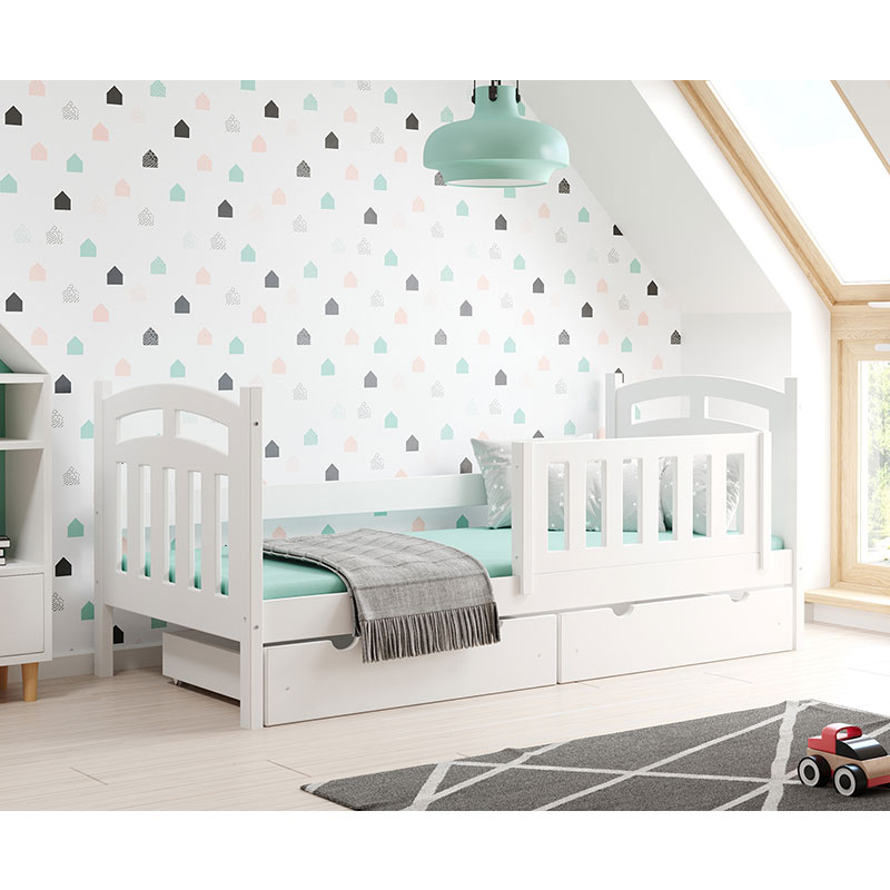 Lit junior style scandinave avec barrière anti-chute et tiroirs