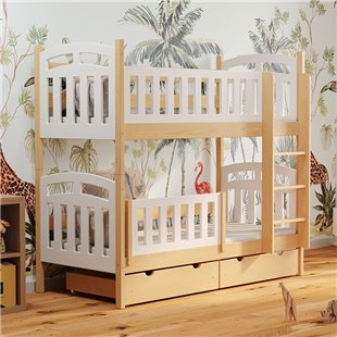 PILOU - Lit superposé blanc et pin style scandinave avec barrière amovible