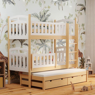 PILOU - Lit superposé 3 couchages blanc et bois style scandinave avec barrière amovible