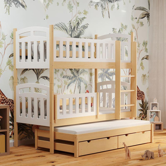 Lit superposé PILOU 3 couchages blanc et bois style scandinave avec barrière amovible