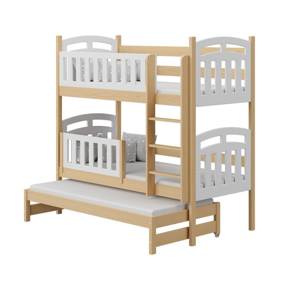 Lit superposé PILOU 3 couchages blanc et bois style scandinave avec barrière amovible