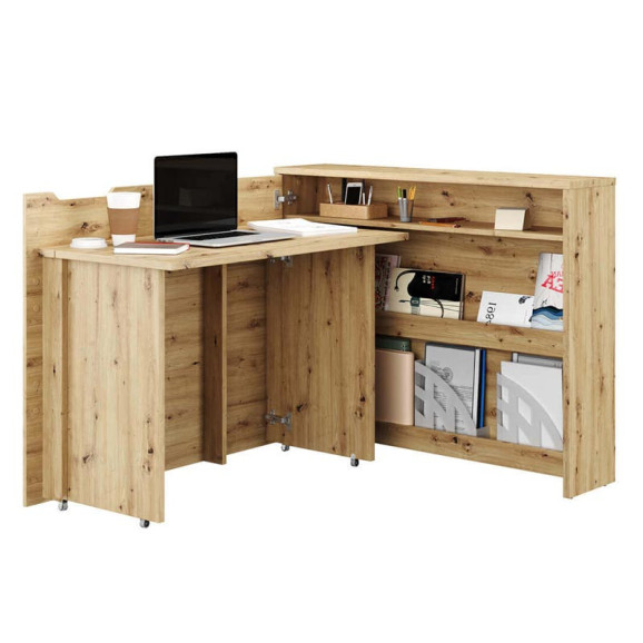 Bureau gain de place couleur chêne avec rangements pour télétravail version gauche - WORK CONCEPT