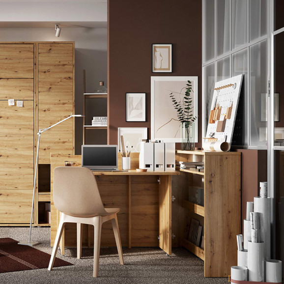 Bureau escamotable couleur chêne avec rangements pour télétravail - WORK CONCEPT