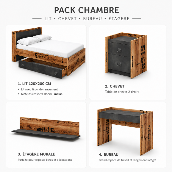 Pack de mobilier pour chambre ado complète dans un style industriel