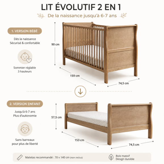 Lit bébé évolutif Noble Cot Bed Vintage 140x70