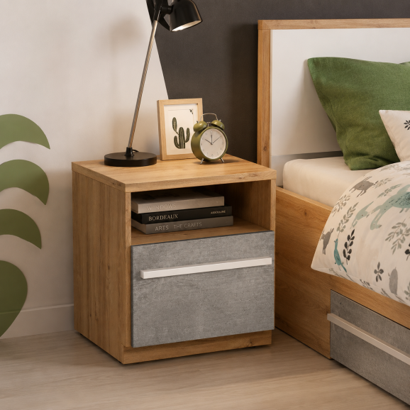 Table de chevet PLANO chêne et gris pour chambre ado