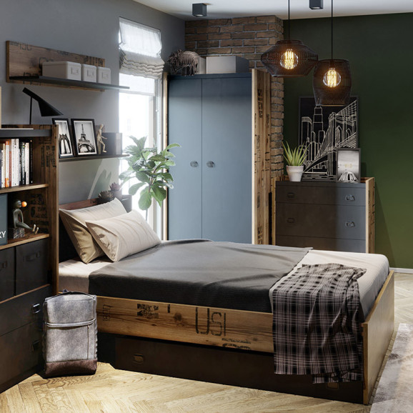 Pack chambre ado FARGO lit avec matelas + chevet + bureau + étagère