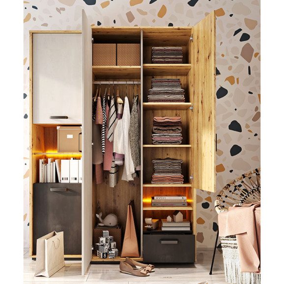 Armoire deux portes Qubic blanc et bois avec éclairage LED