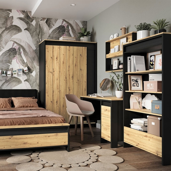Armoire 3 portes avec éclairage LED bois et graphite pour ado