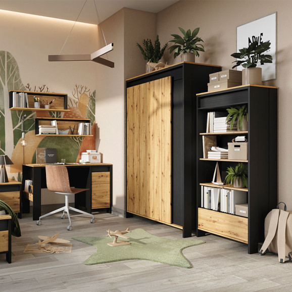 Armoire 3 portes avec éclairage LED bois et graphite SPOTLEN pour ado