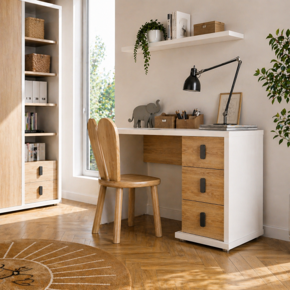 Bureau MASSI avec 3 tiroirs blanc et chêne hickory pour enfant