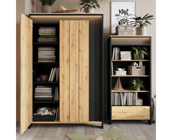 Armoire 3 portes avec éclairage LED bois et graphite SPOTLEN pour ado