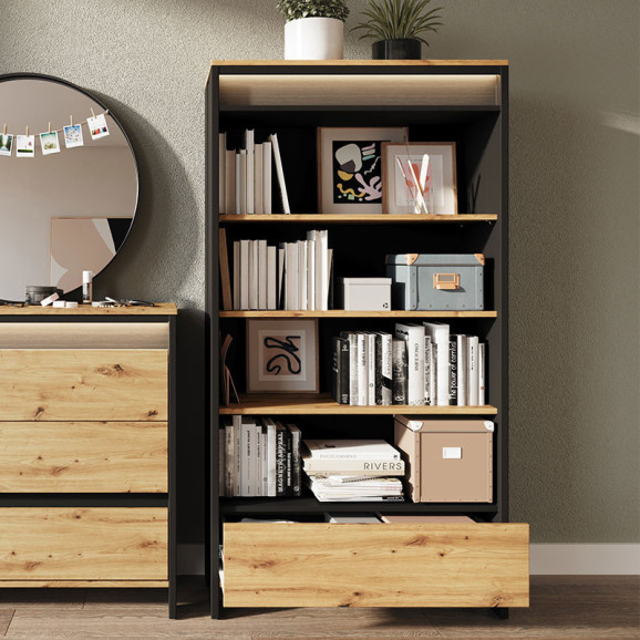 Bibliothèque 3 étagères et 1 tiroir avec éclairage SPOTLEN bois et graphite