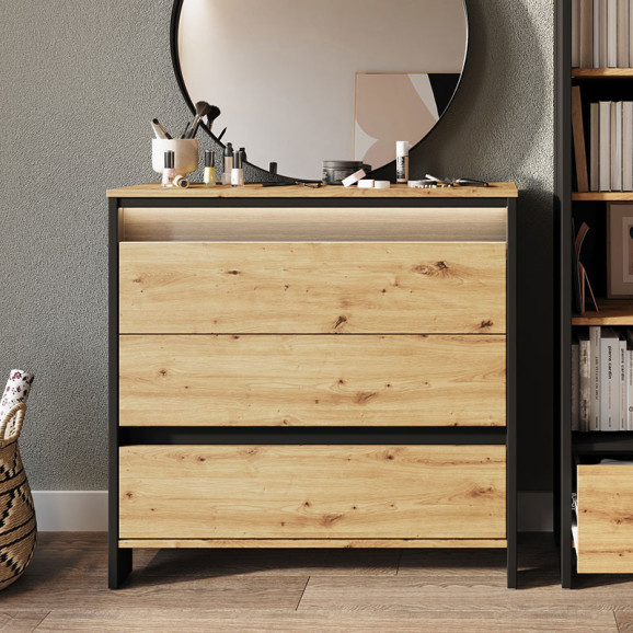 Commode 3 tiroirs avec éclairage LED collection SPOTLEN couleur bois et graphite