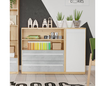Commode multifonction PLANO blanc gris et chêne pour chambre adolescent