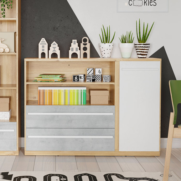 Commode multifonction PLANO blanc gris et chêne pour chambre adolescent