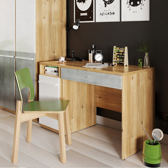 Bureau avec rangements PLANO chêne et blanc pour chambre adolescent