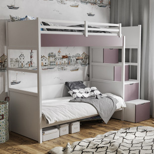 ENZO - Lit superposé 2 couchages 90x200 avec escalier en blanc et truffe