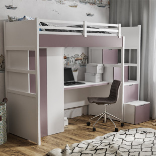 TRISTAN - Lit mezzanine escalier 3 en 1 avec armoire et bureau