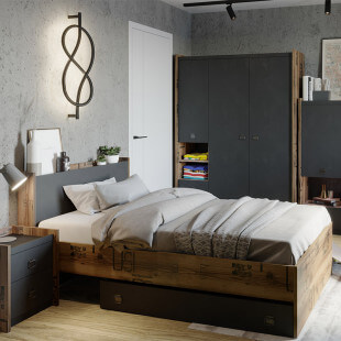 Lit FARGO 120x200cm couleur graphite et bois style industriel