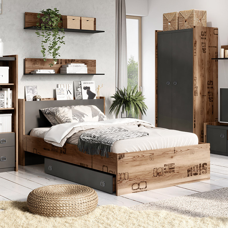 Lit FARGO 120x200cm couleur graphite et bois style industriel