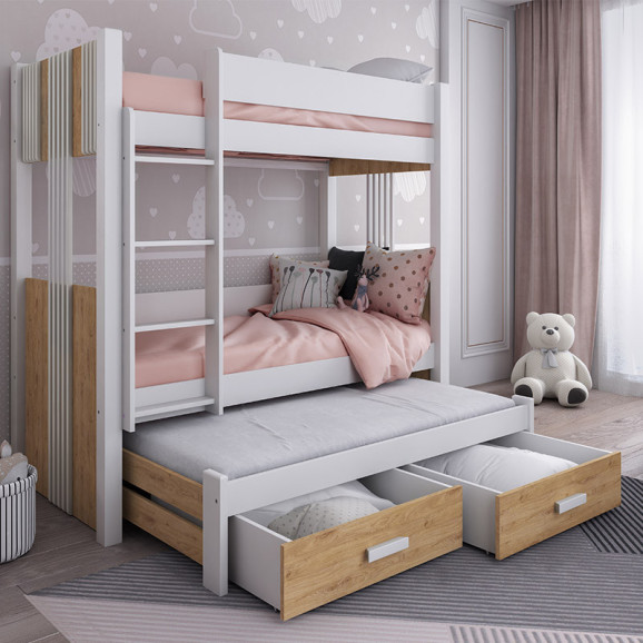 Lit superposé ARTEN 3 couchages blanc et chêne doré en bois avec tiroirs