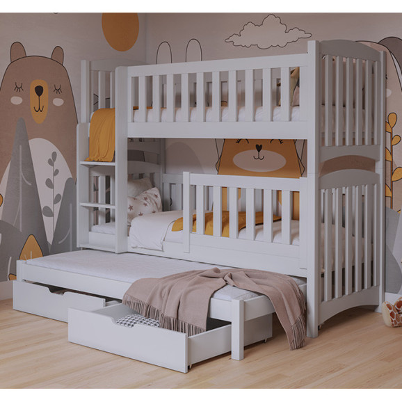 Lit superposé NATHAN 3 couchages avec barrières hautes blanc pour enfant