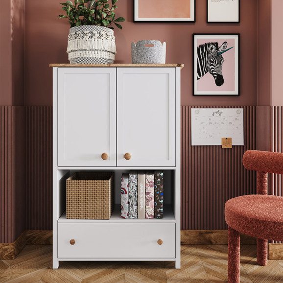 Commode haute blanche et chêne STORY