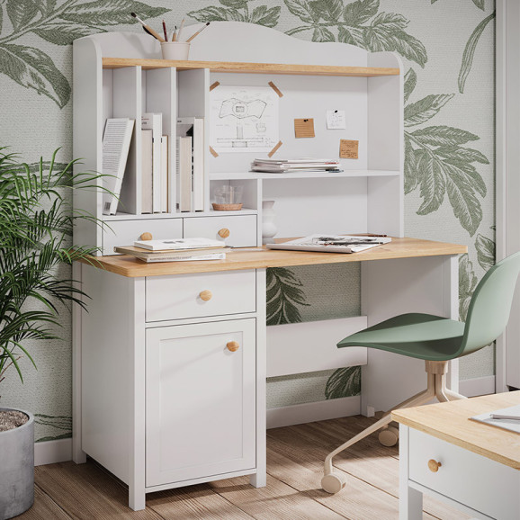 Bureau blanc et chêne STORY option miroir ou rangements