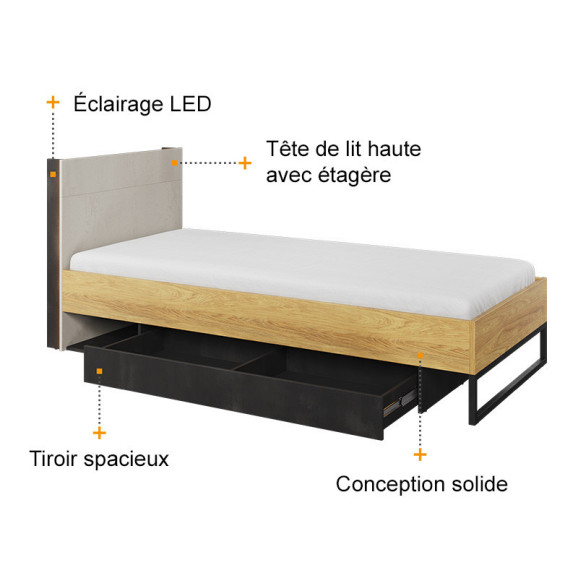 Lit ado 200x90 TEEN FLEX avec tiroir de rangement