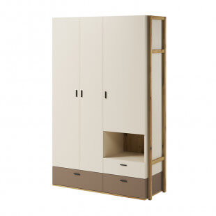 LENNY - ARMOIRE 3 PORTES BEIGE ET TRUFFE AVEC TIROIRS 135 cm x 210 cm x 51 cm
