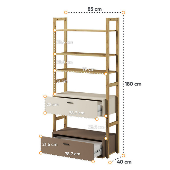 étagère en chêne artisan, beige et truffe à 7 étages collection LENNY
