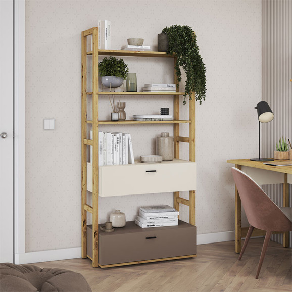 étagère en chêne artisan, beige et truffe à 7 étages collection LENNY